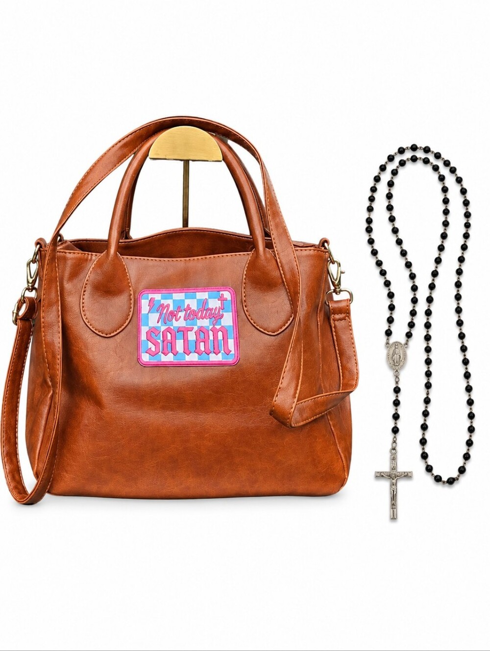 Bless It Bundle: "NOT TODAY SATAN" Tote Bag & Black Rosary Necklace